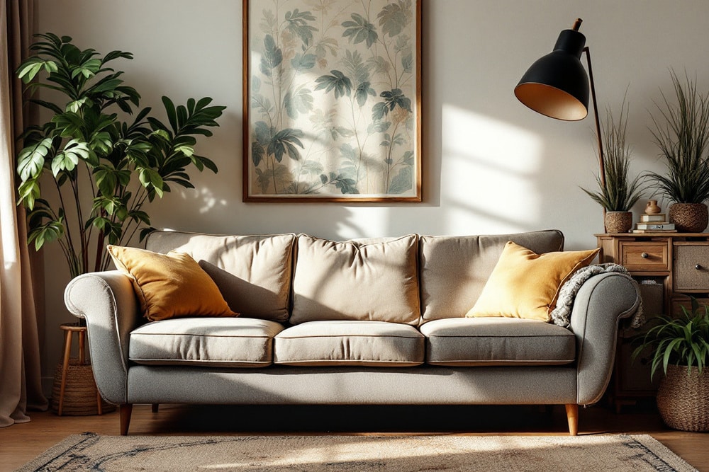 sala con sofa decorado con cojines y plantas en un entorno natural y luminoso