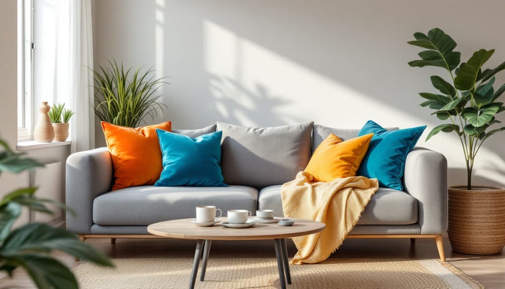 sofa con cojines de colores vivos y detalles naturales en una sala moderna