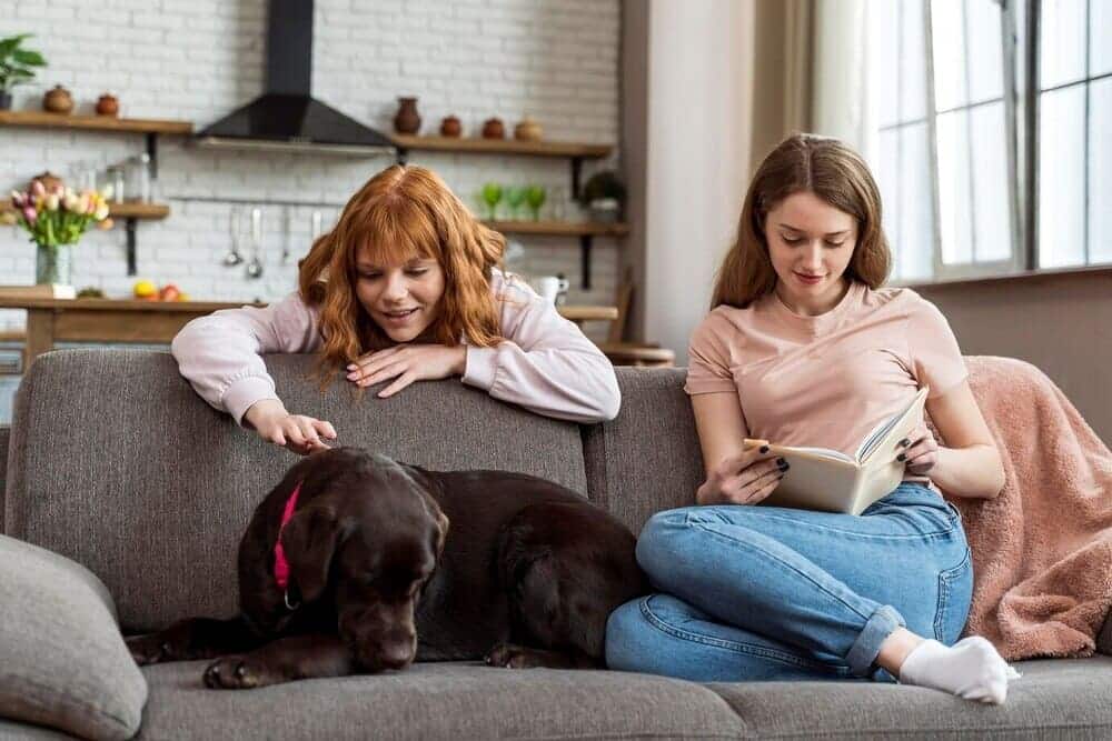 mujer tiro completo perro casa